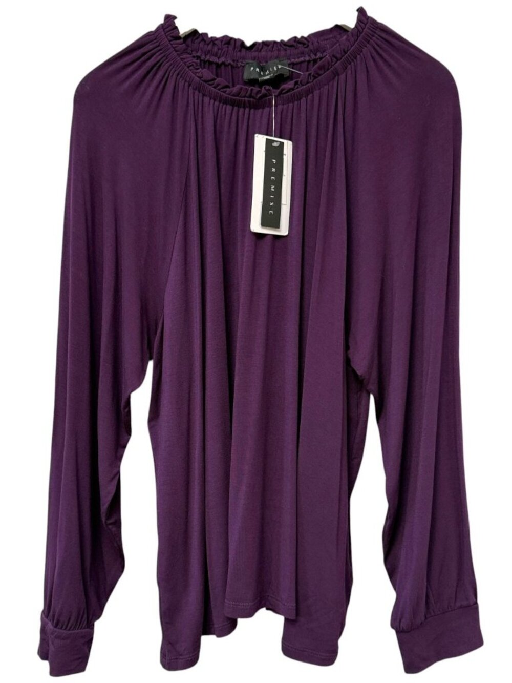 PREMISE Purple Peasant Top Size XXL Stretch Modal Blend Ruffle Neck NWT